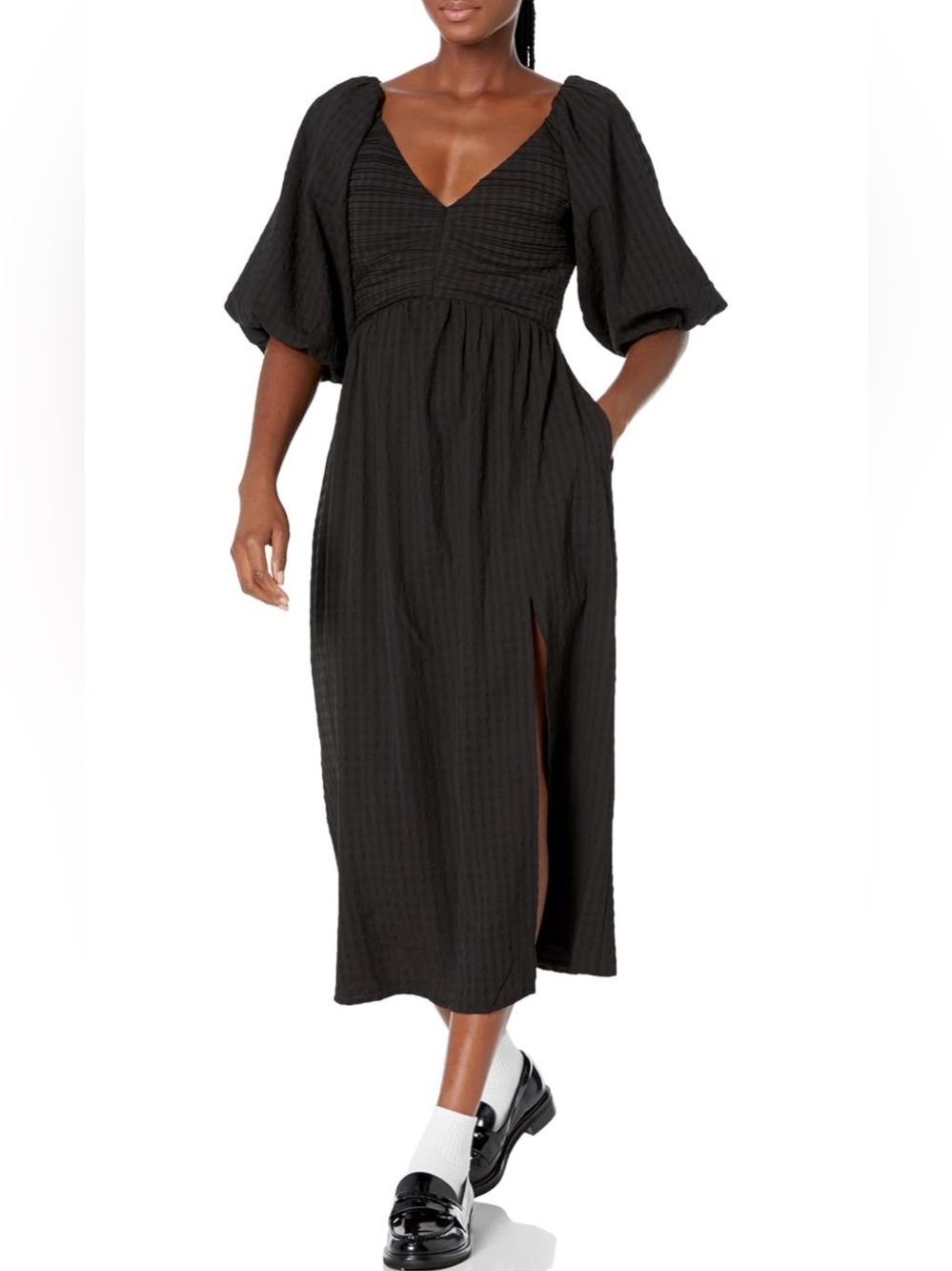 ASTR the Label Juniper Black Textured Midi Dress | Puff Sleeve Side Slit NWT XS